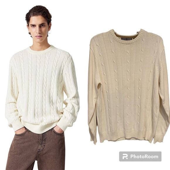 Oscar de la Renta Fisherman Cream Cable Knit Crew Neck Sweater Size XL - Picture 1 of 10